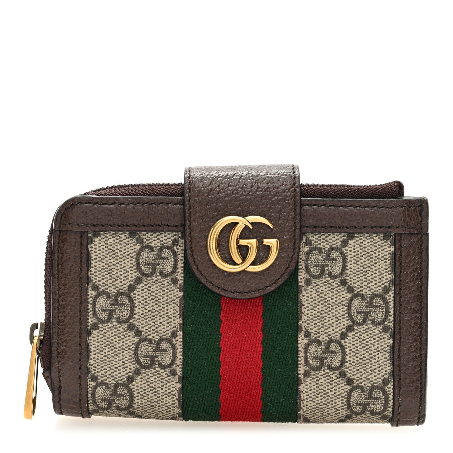 GG Supreme Monogram Textured Dollar Calfskin Web Ophidia Overlay Zip Around Card Case Wallet Beige Ebony New Acero