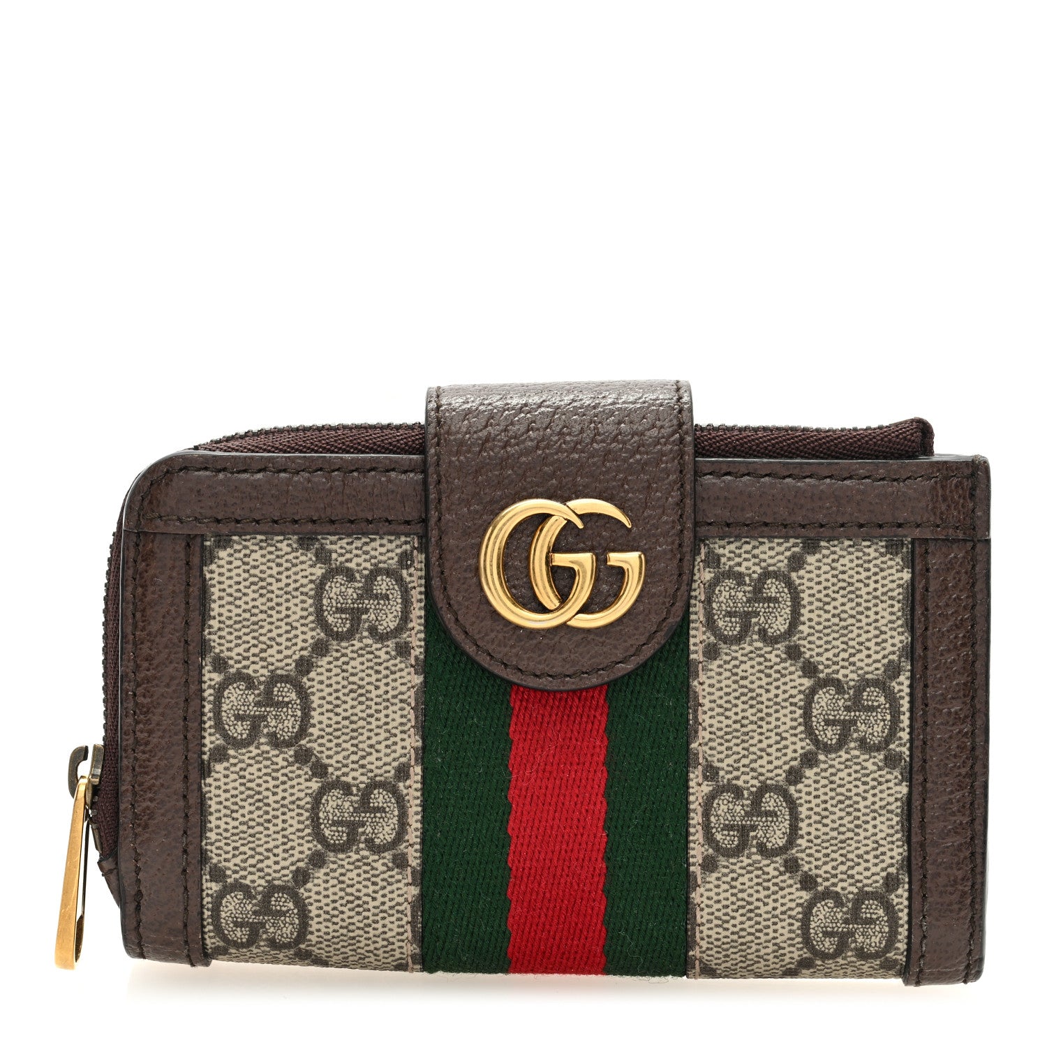 Gucci GG Supreme Monogram Textured Dollar Calfskin Web Ophidia Overlay Zip Around Card Case Wallet Beige Ebony New Acero 1 of 6