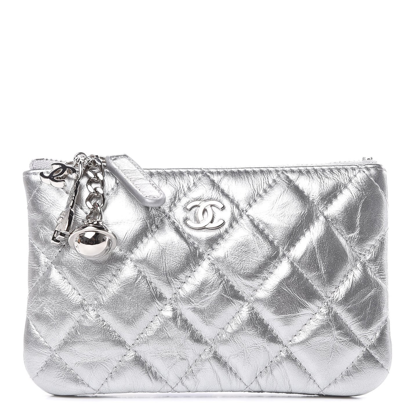 Metallic Calfskin Quilted Small Cosmo Cosmetic Case Silver