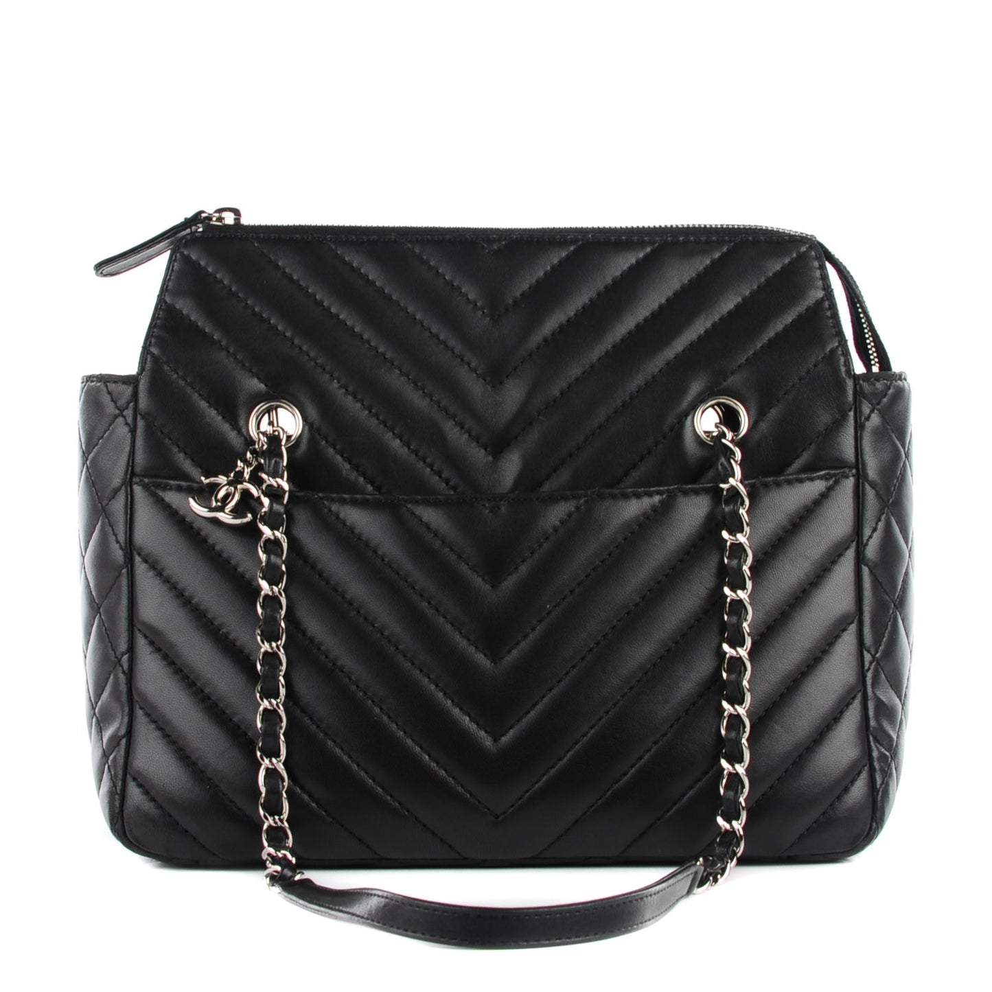 Lambskin Surpique Chevron Quilted Tote Black