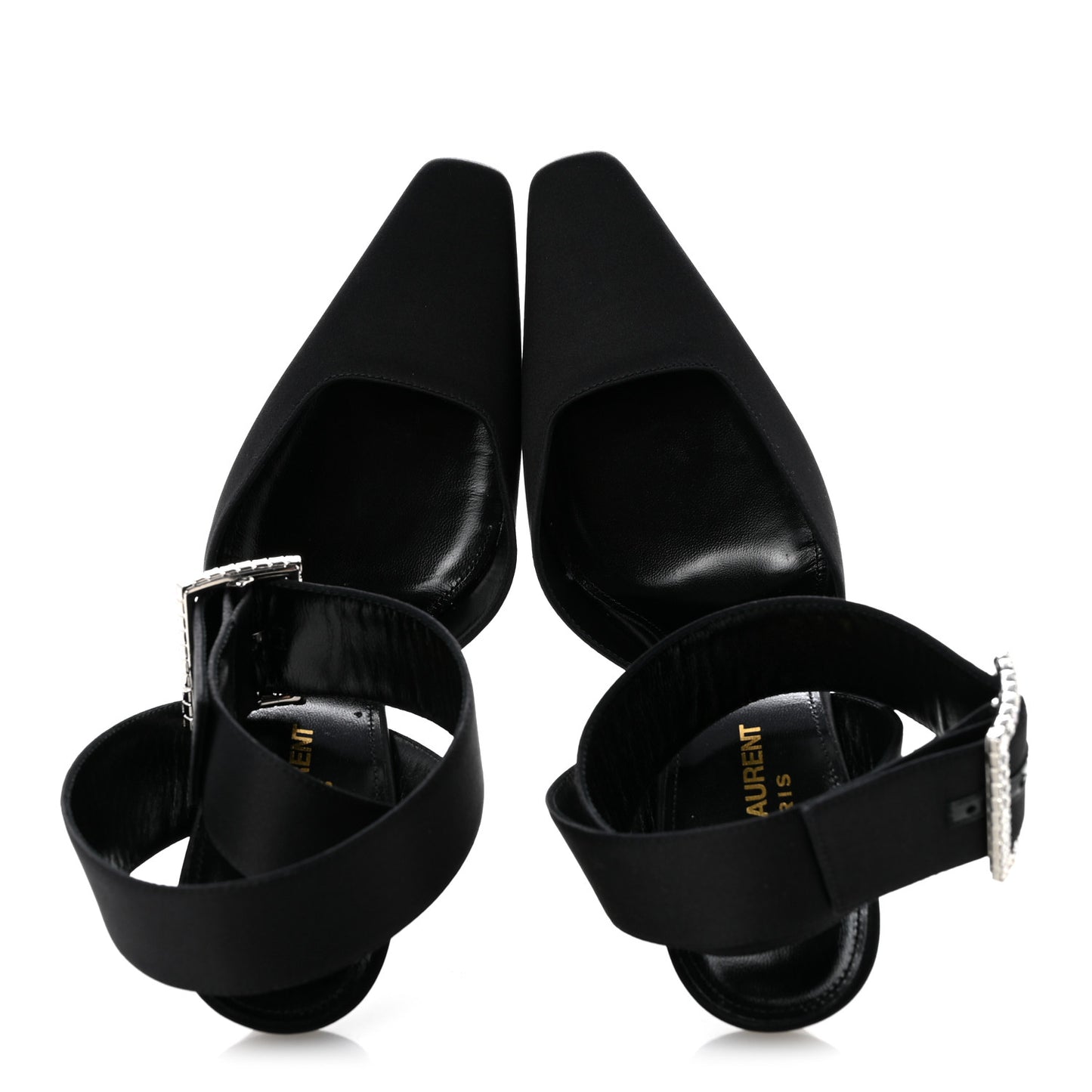 Crepe Satin Crystal Buckle Claude 110 Slingback Pumps 38.5 Black