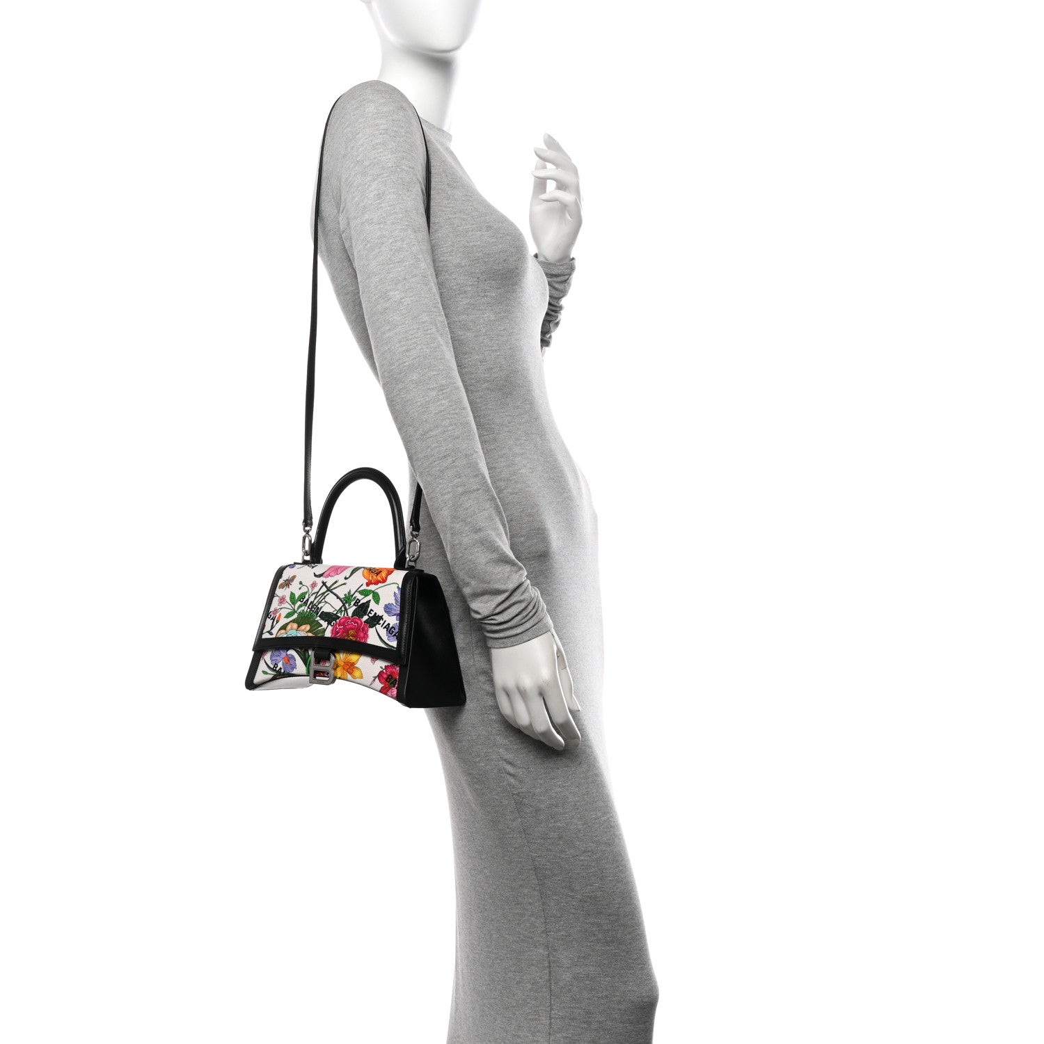 Balenciaga X GUCCI Canvas Boarded Plutone Calfskin Flora Logo Print Small Hourglass Top Handle Bag White Multicolor Black 2 of 9