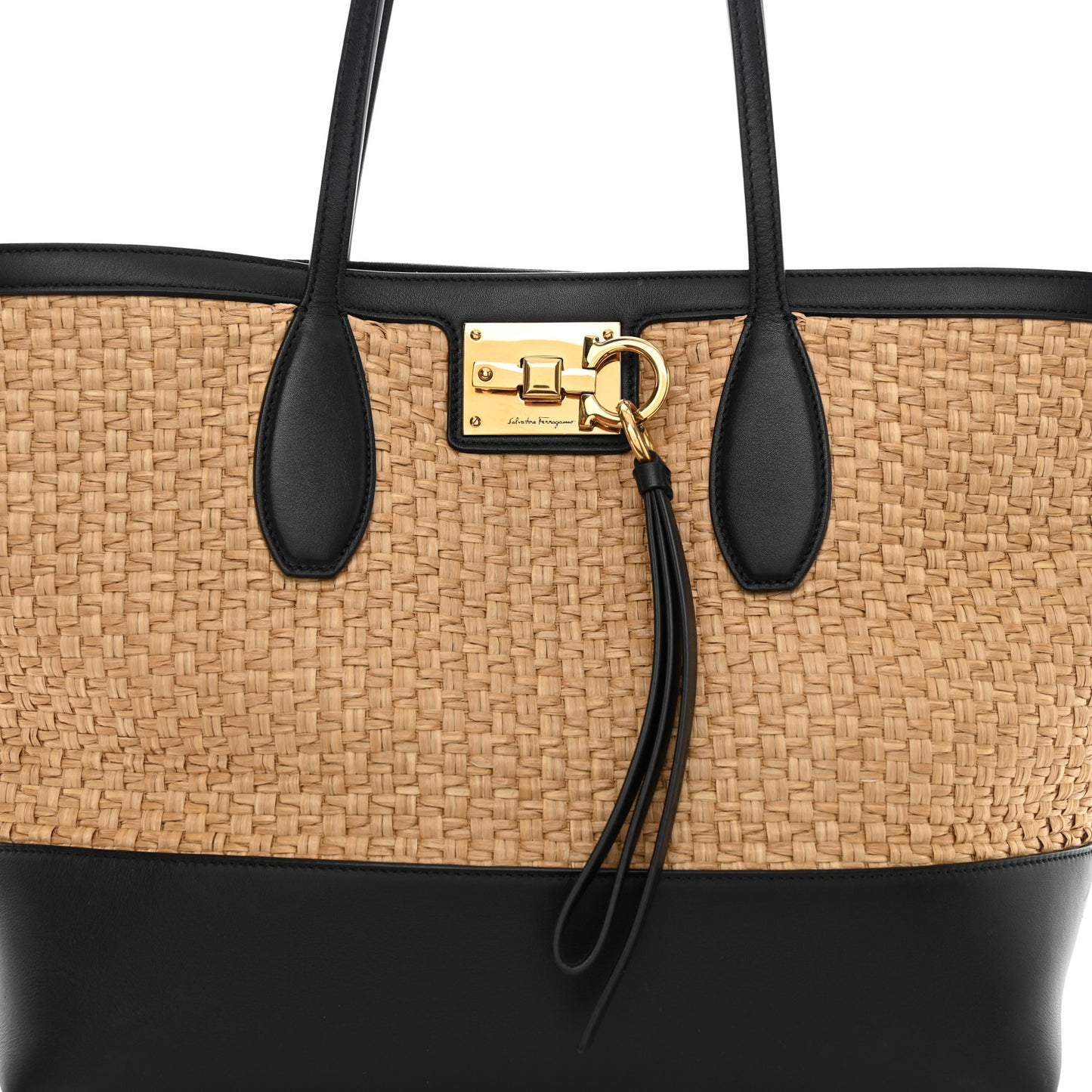 Woven Raffia Calfskin The Studio Tote Beige Black