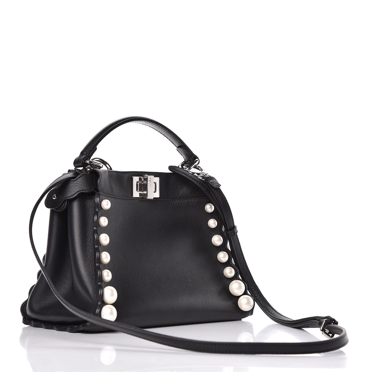 Fendi Vitello Seta Shiny Nappa Pearl Scallopped Studded Mini Peekaboo Iconic Satchel Black 3 of 13