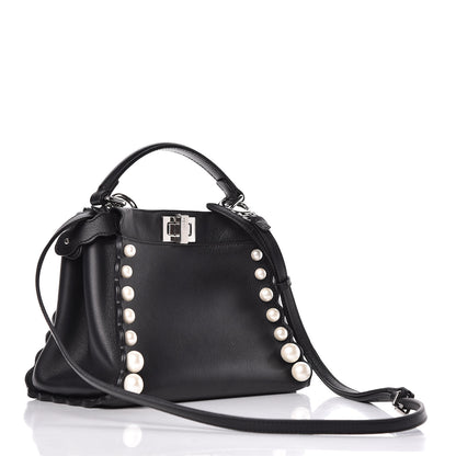 Fendi Vitello Seta Shiny Nappa Pearl Scallopped Studded Mini Peekaboo Iconic Satchel Black 3 of 13