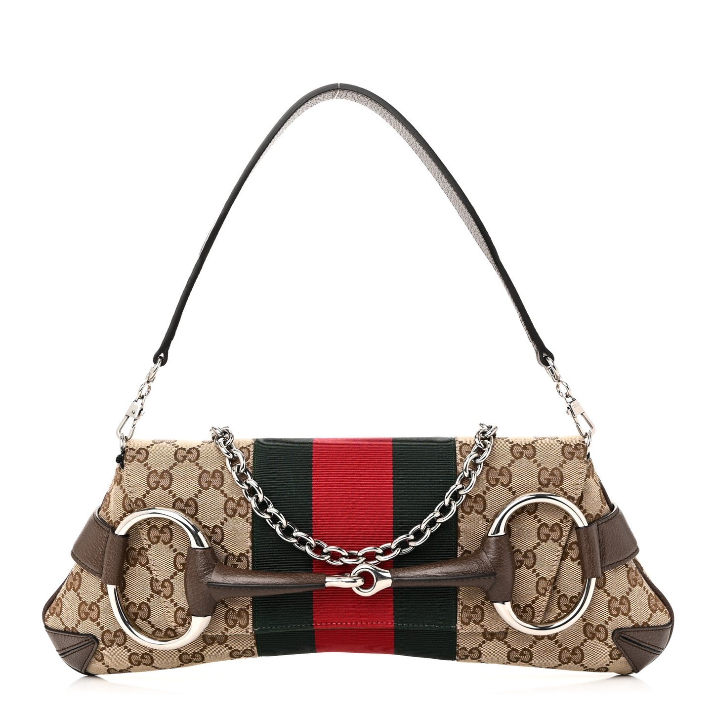 Monogram Textured Dollar Calfskin Heavy Grosgrain Web Medium Maxi Horsebit Chain Shoulder Bag Beige Ebony New Acero