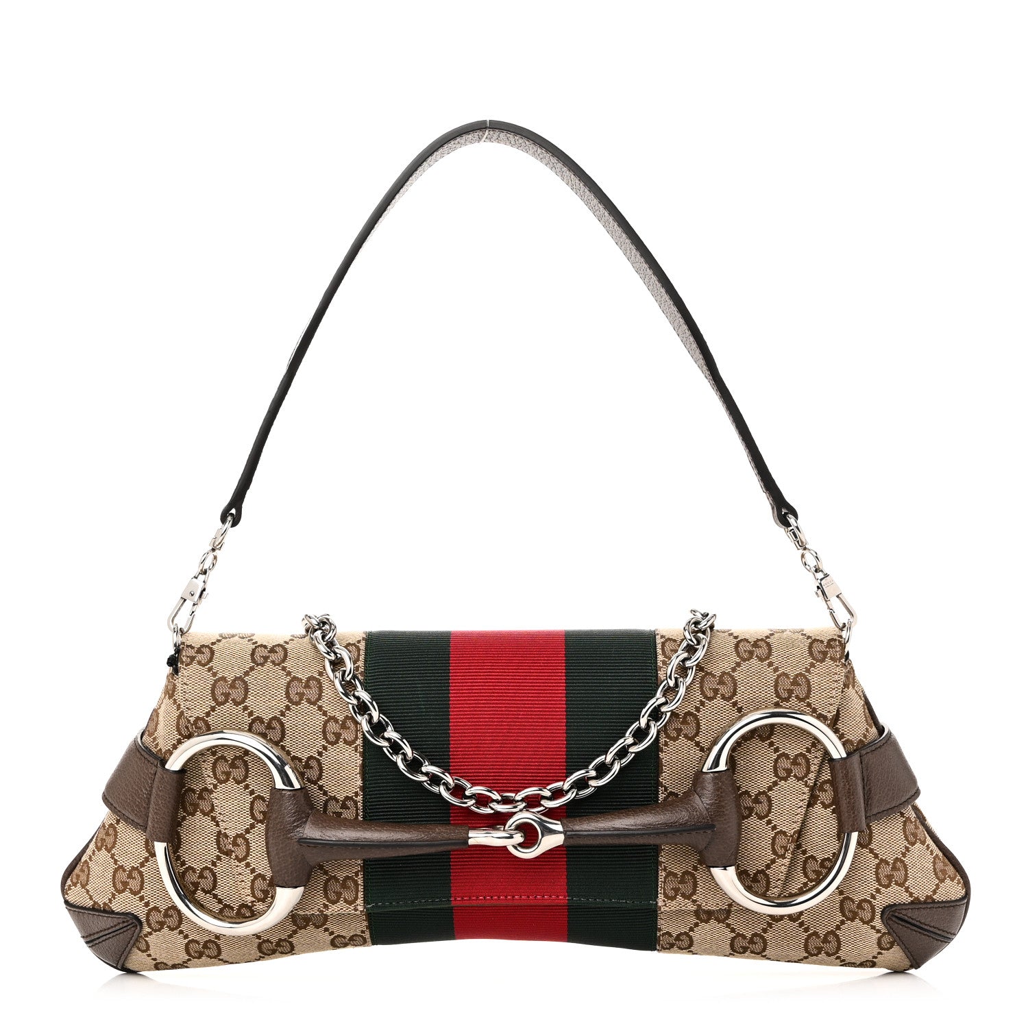 Gucci Monogram Textured Dollar Calfskin Heavy Grosgrain Web Medium Maxi Horsebit Chain Shoulder Bag Beige Ebony New Acero 1 of 9