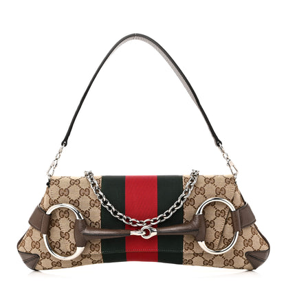 Gucci Monogram Textured Dollar Calfskin Heavy Grosgrain Web Medium Maxi Horsebit Chain Shoulder Bag Beige Ebony New Acero 1 of 9