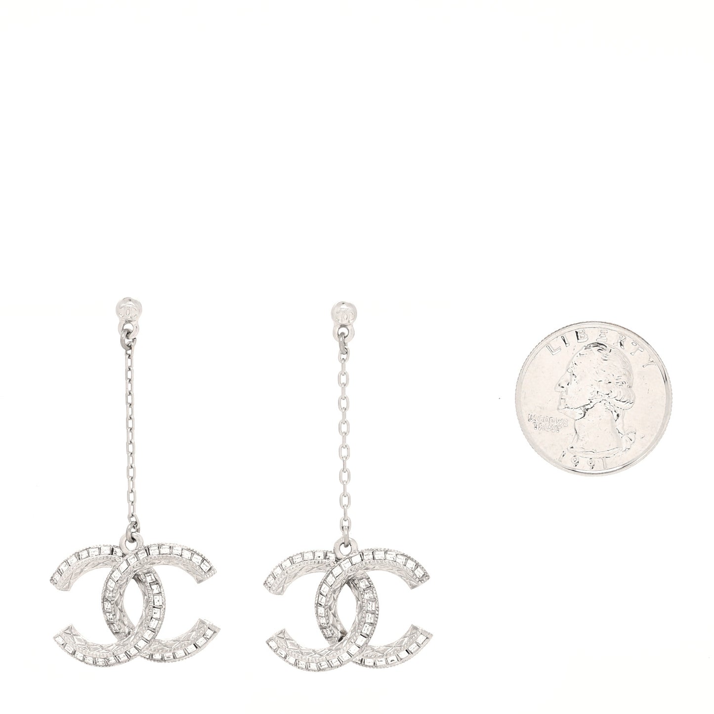 Baguette Crystal Quilted CC Drop Earrings Silver