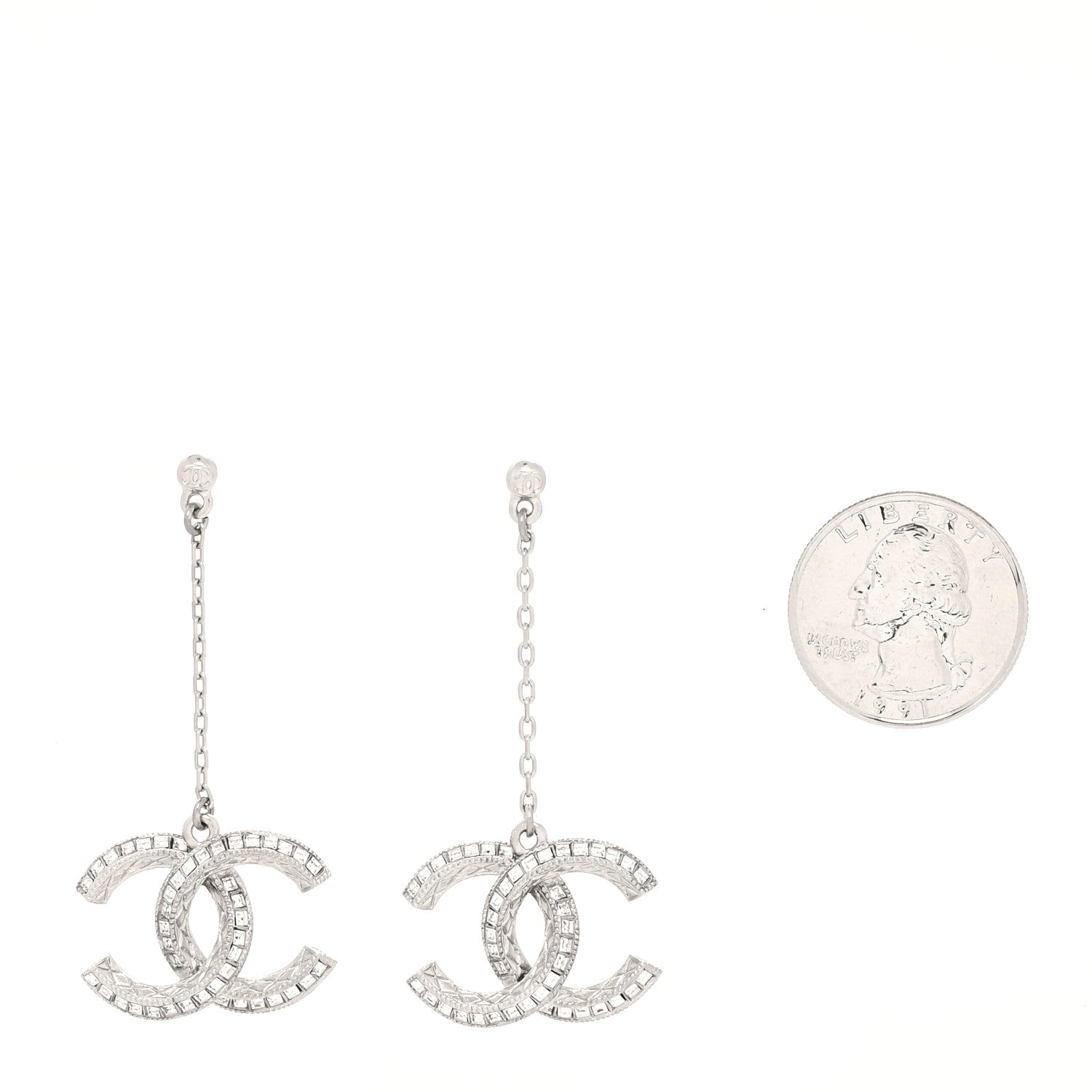 Chanel Baguette Crystal Quilted CC Drop Earrings Silver 2 of 4