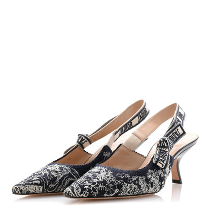 Christian Dior Toile de Jouy Ribbon Embroidered J'Adior Slingback 65mm Pumps 38 Blue Off White 4 of 9
