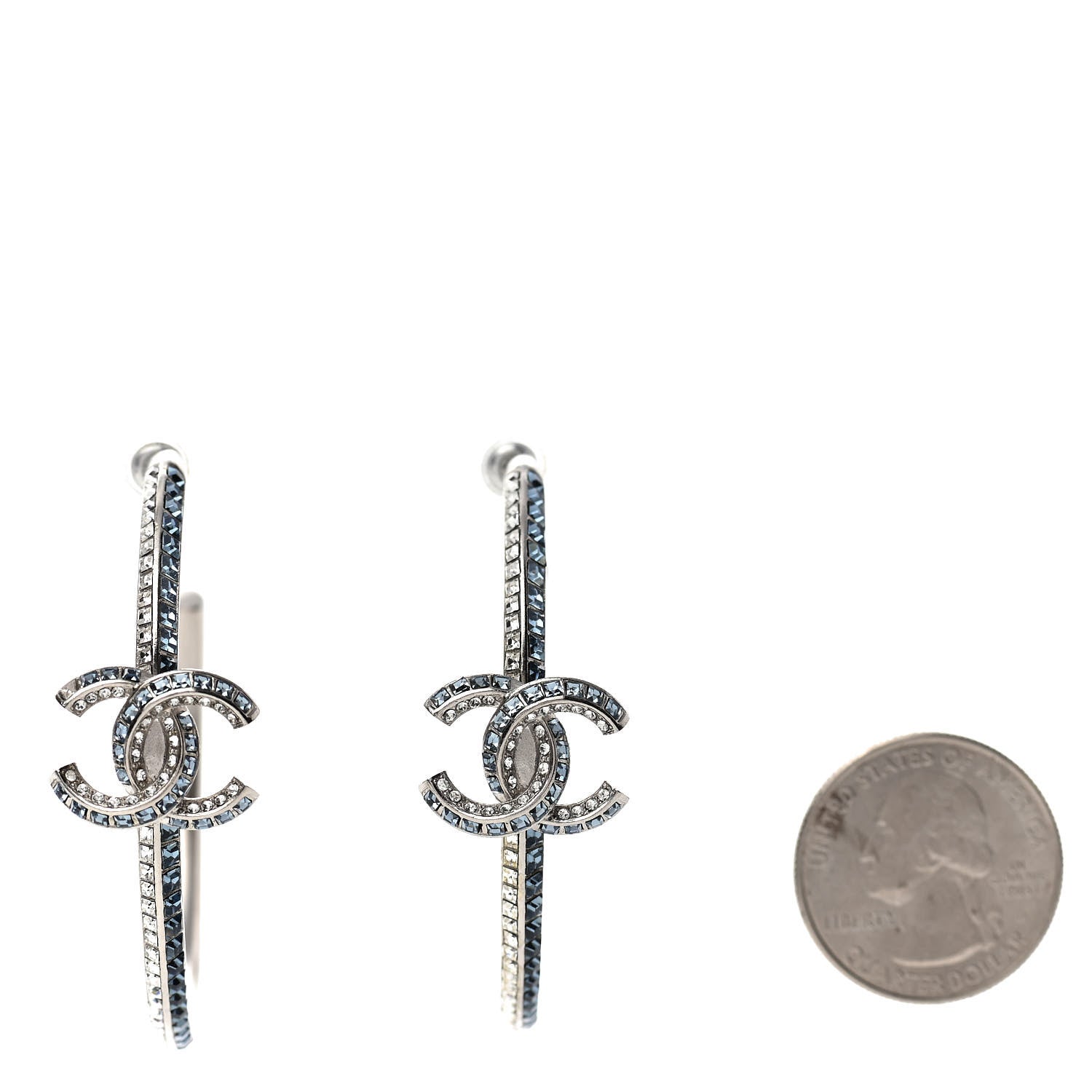 Chanel Crystal CC Hoop Drop Earrings Silver Blue 2 of 7