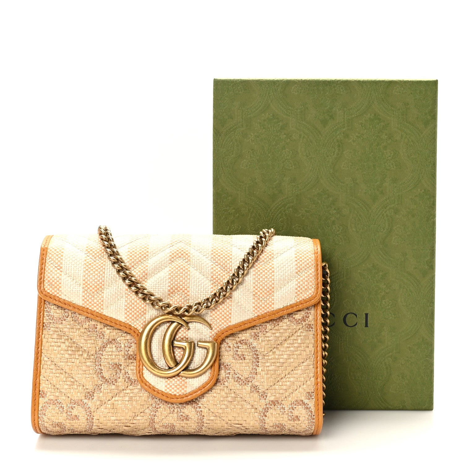 Gucci Raffia GG Monogram Matelasse GG Marmont Chain Wallet Natural Beige Off White Sun Oil 11 of 11