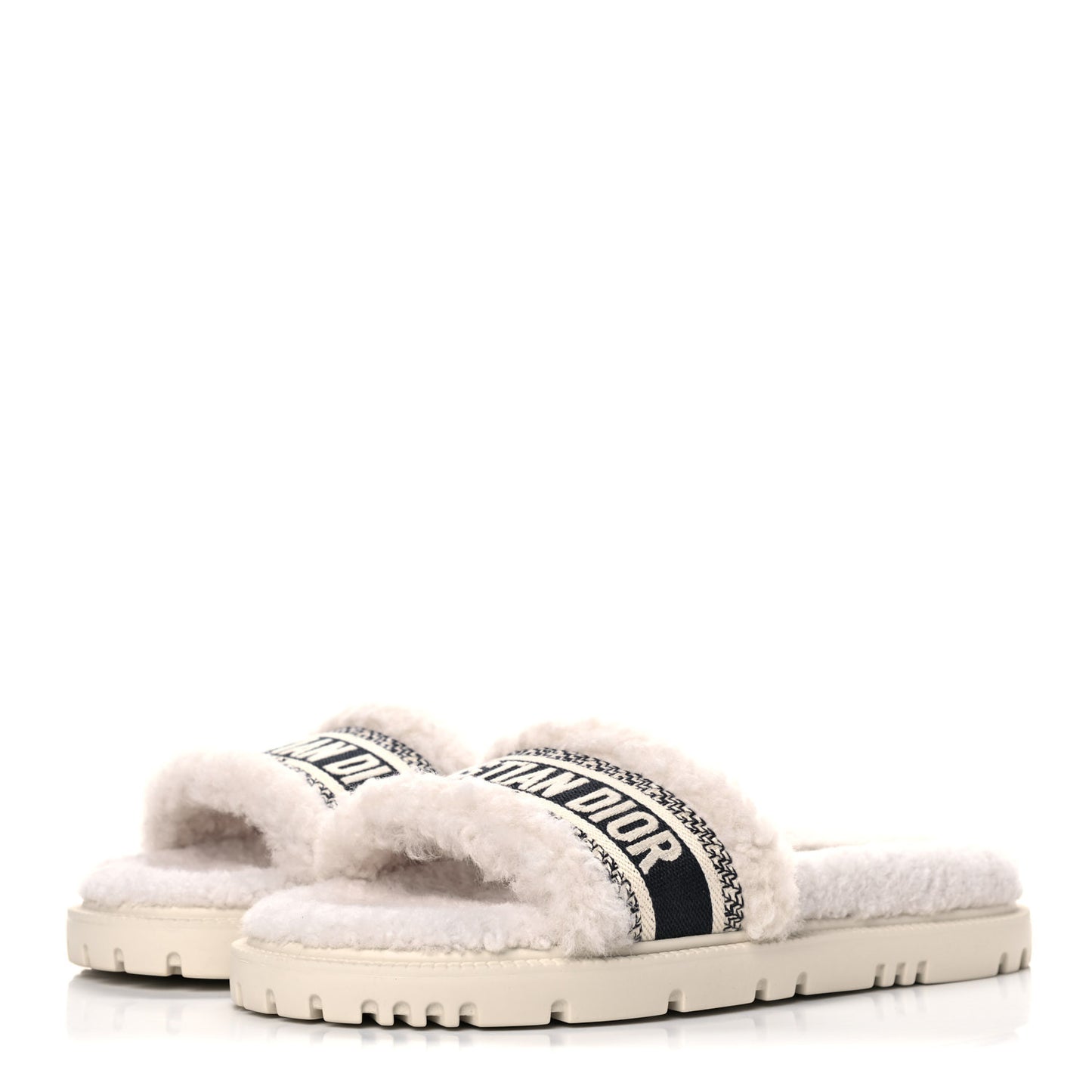 Shearling Canvas Embroidered Dway 10mm Slide Sandals 37 Natural Deep Blue