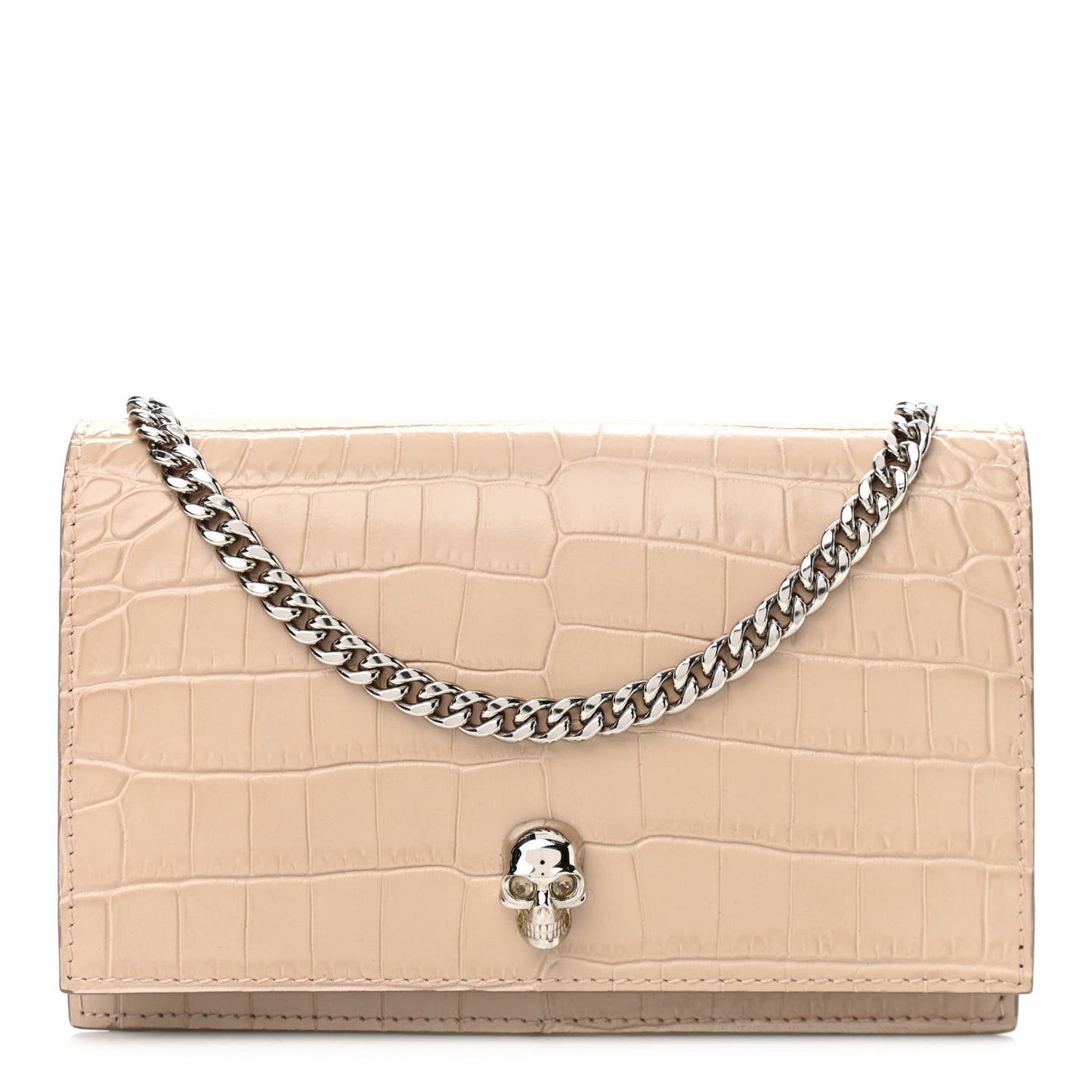 Calfskin Crocodile Embossed Skull Mini Crossbody Bag Beige