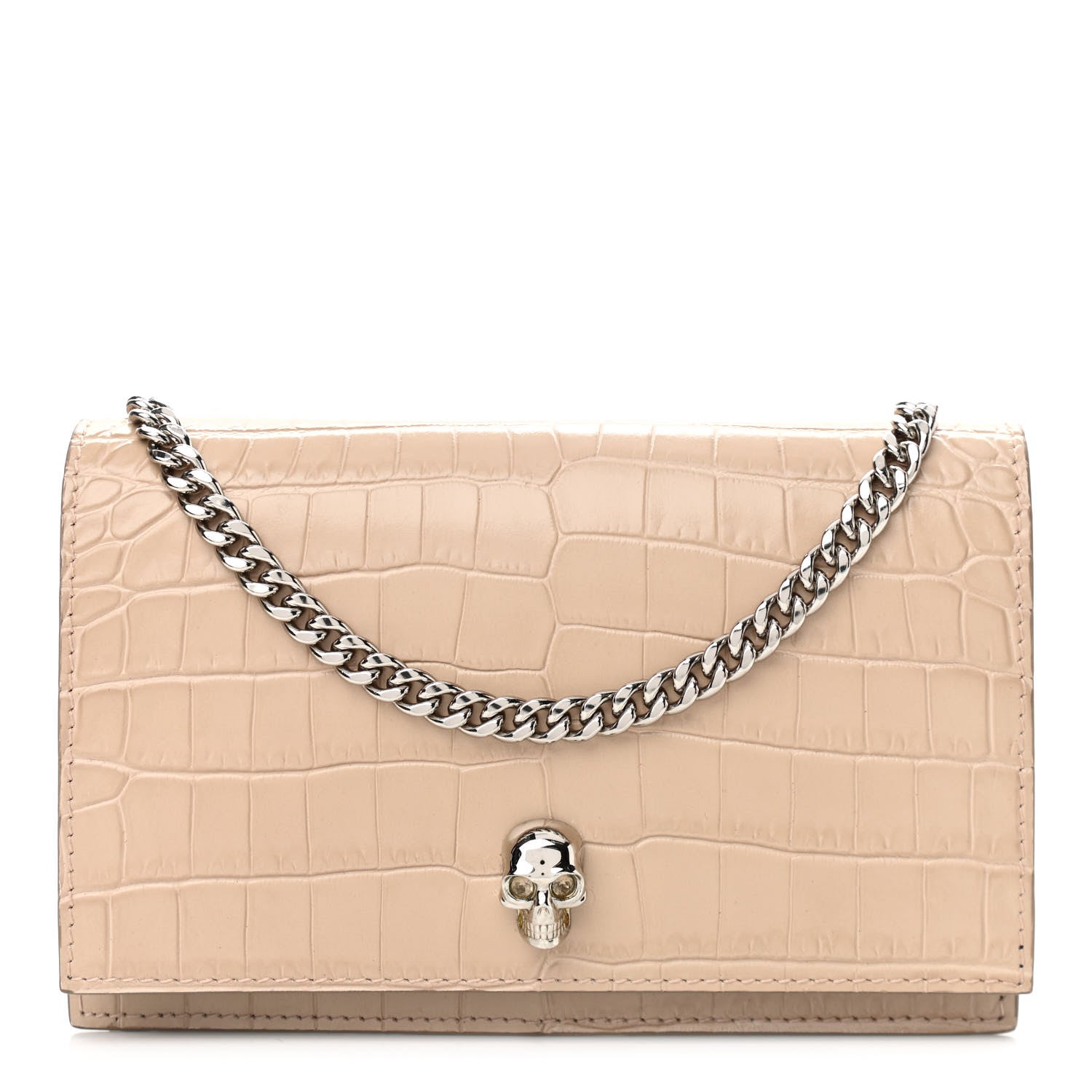 Alexander McQueen Calfskin Crocodile Embossed Skull Mini Crossbody Bag Beige 1 of 15