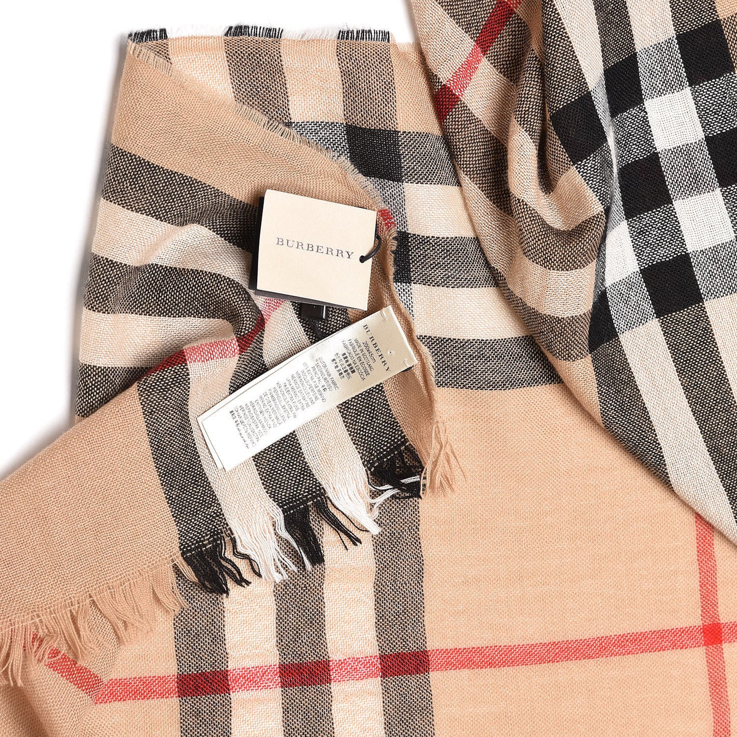 Merino Wool Cashmere Giant Check Lightweight Scarf Camel