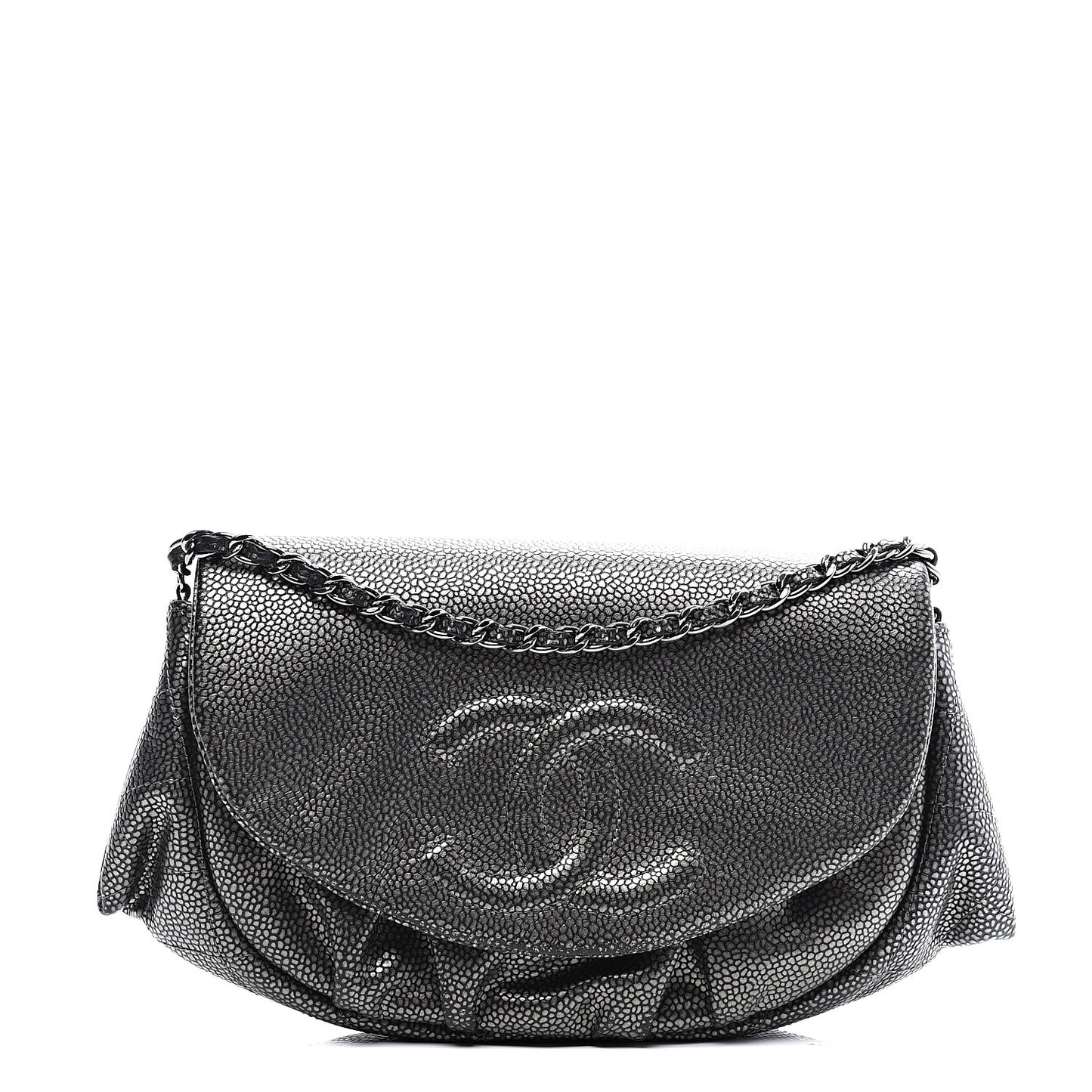 Metallic Caviar Half Moon Wallet On Chain WOC Dark Silver