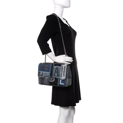 Chanel Denim Tweed Patchwork Jumbo Single Flap Blue 2 of 12