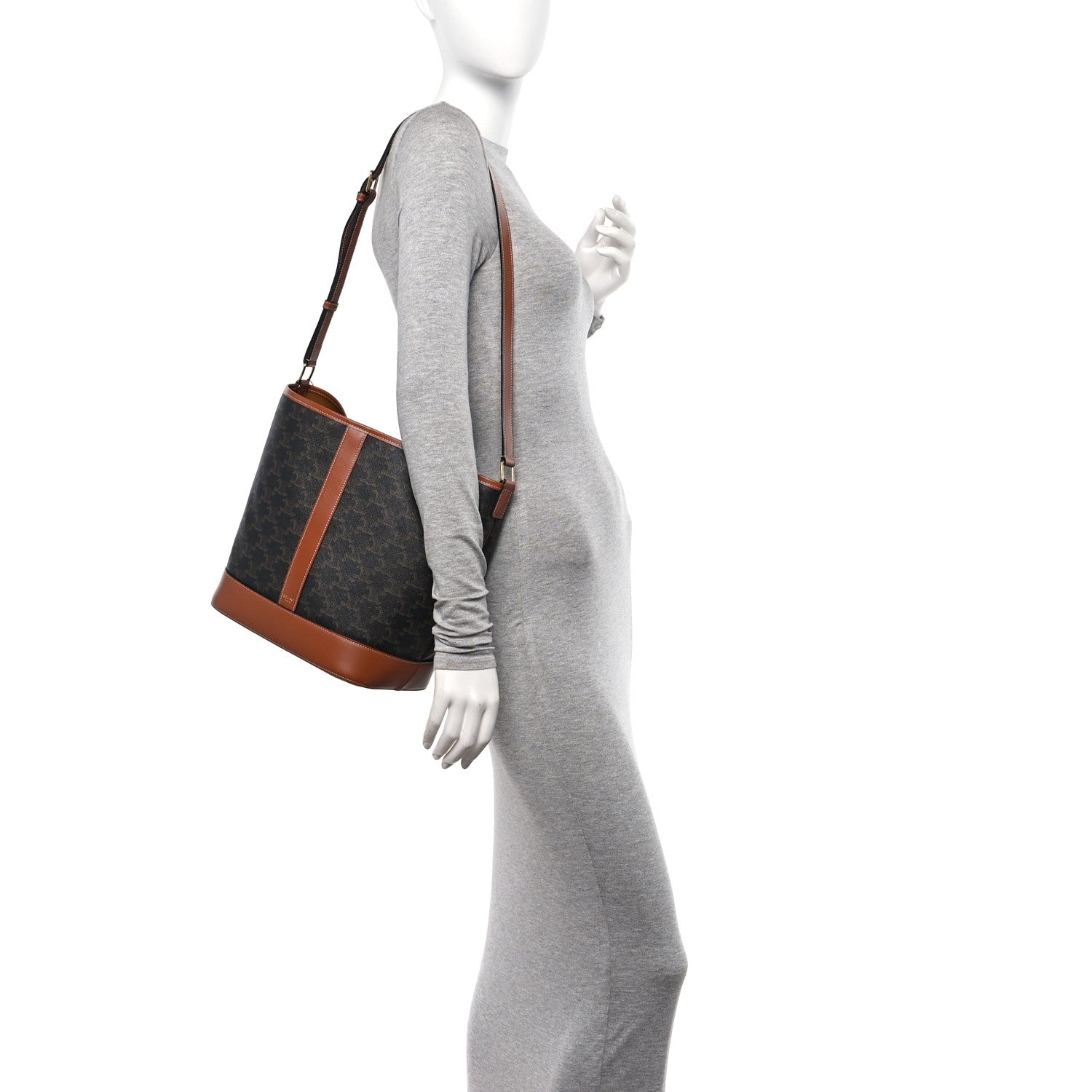 Celine Triomphe Canvas Calfskin Medium Bucket Bag Tan 2 of 10