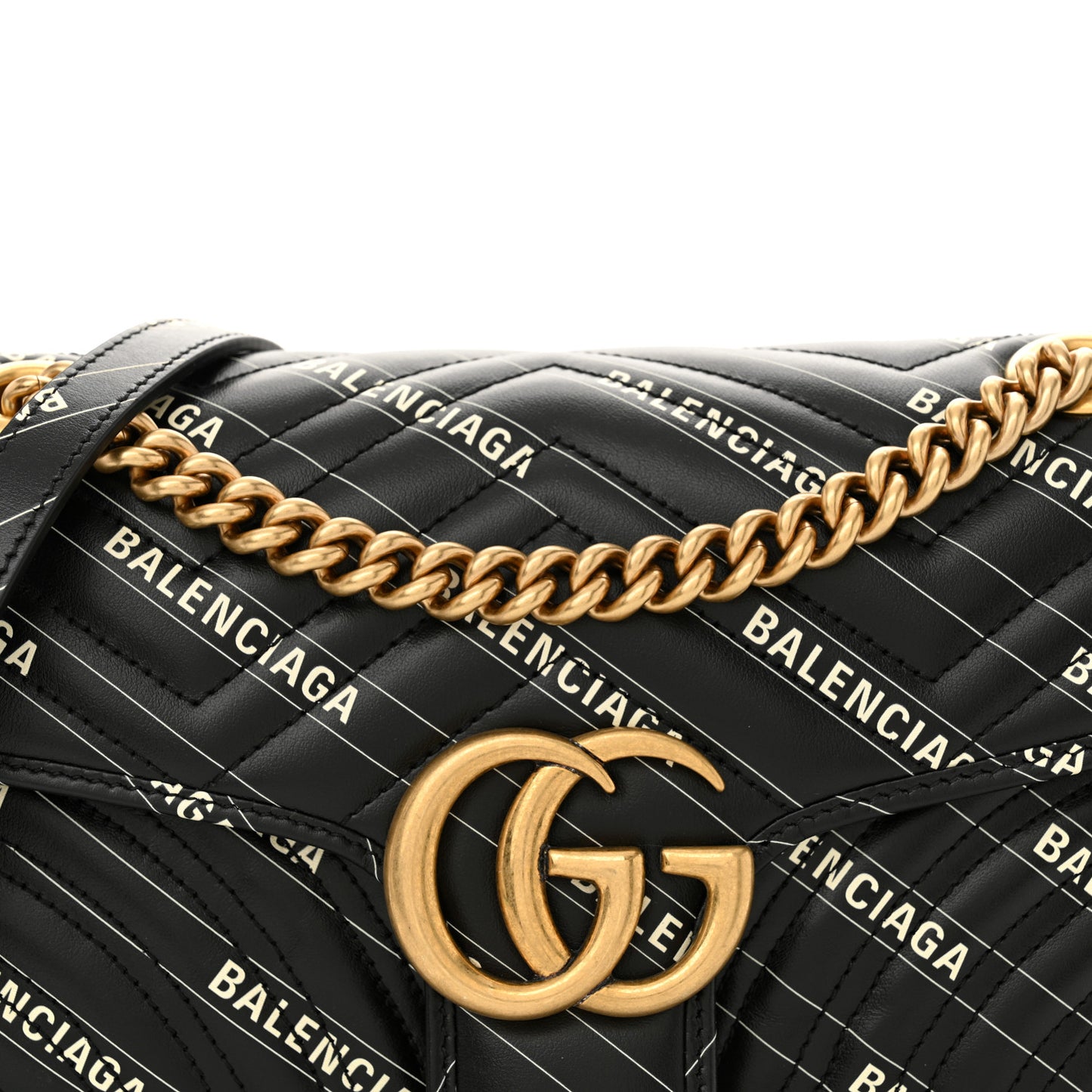 X BALENCIAGA Calfskin Matelasse Logo Print Small GG Marmont Shoulder Bag Black