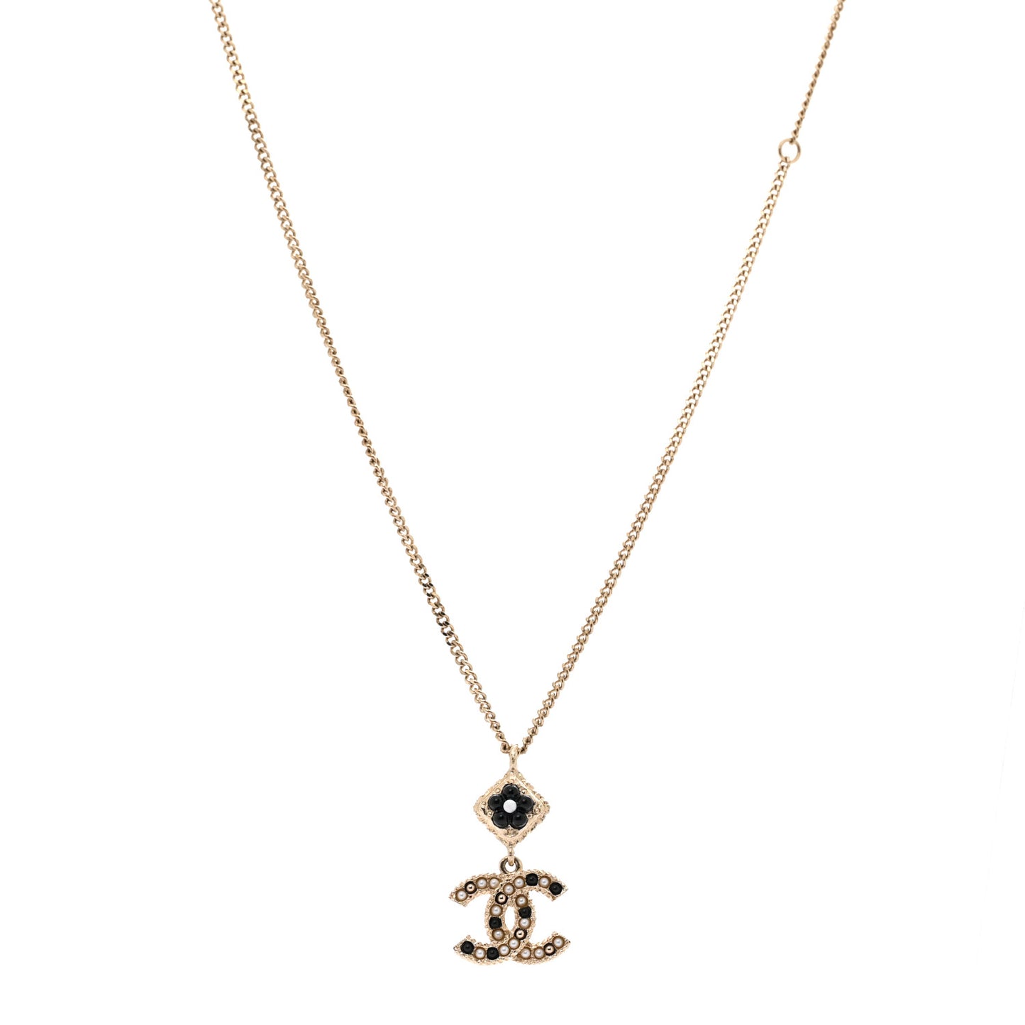 Chain CC Drop Necklace Gold Pearly White Black