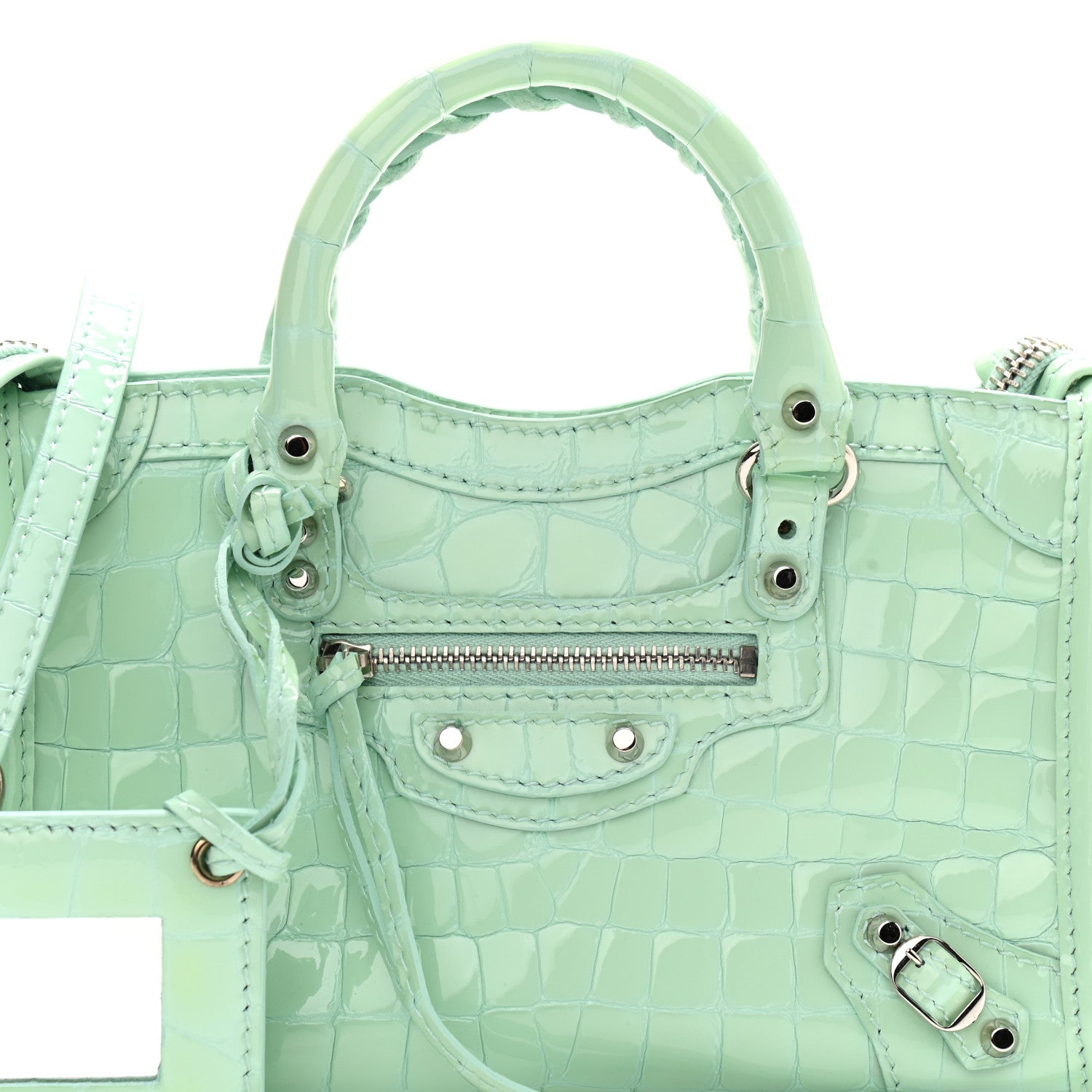 Balenciaga Patent Crocodile Embossed Classic Silver Hardware Nano City Light Green 8 of 10