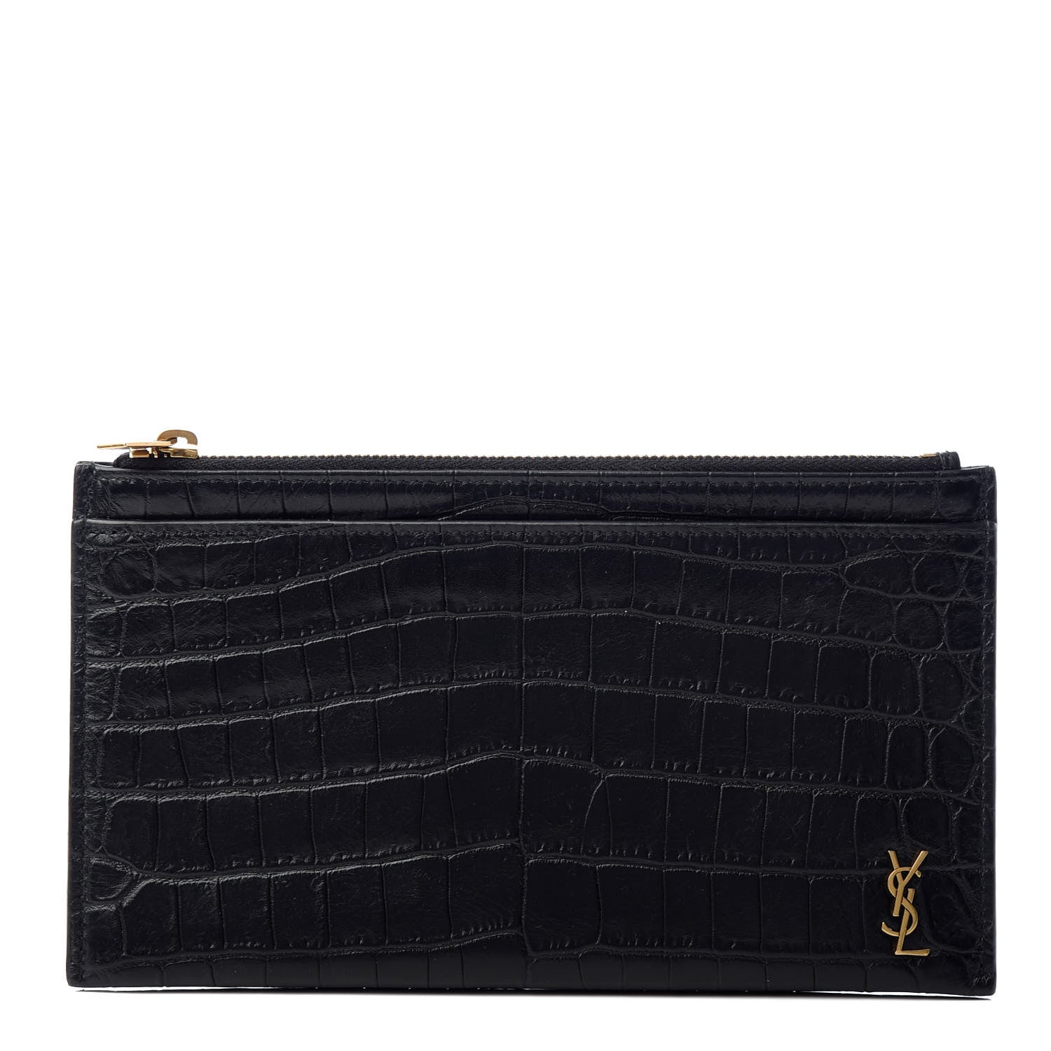 Saint Laurent Calfskin Crocodile Embossed Monogram Bill Pouch Black 1 of 7