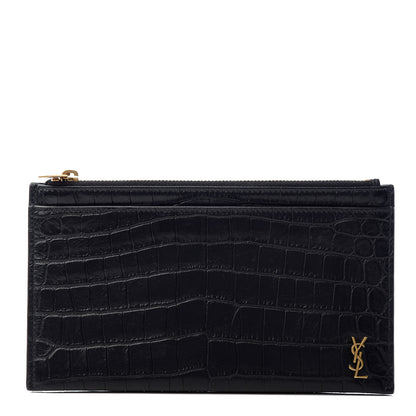 Saint Laurent Calfskin Crocodile Embossed Monogram Bill Pouch Black 1 of 7