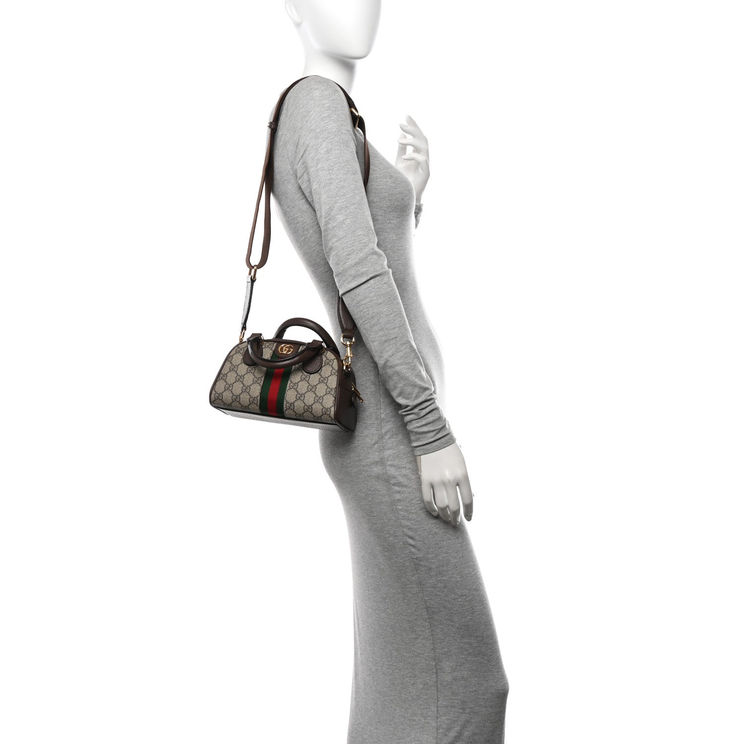 Gucci GG Supreme Monogram Textured Dollar Calfskin Web Mini Ophidia Top Handle Bowler Bag Beige Ebony New Acero 2 of 10