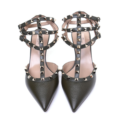 Valentino Garavani Pebbled Calfskin Rockstud Ankle Strap 65mm Pumps 41 Olive Green 6 of 11