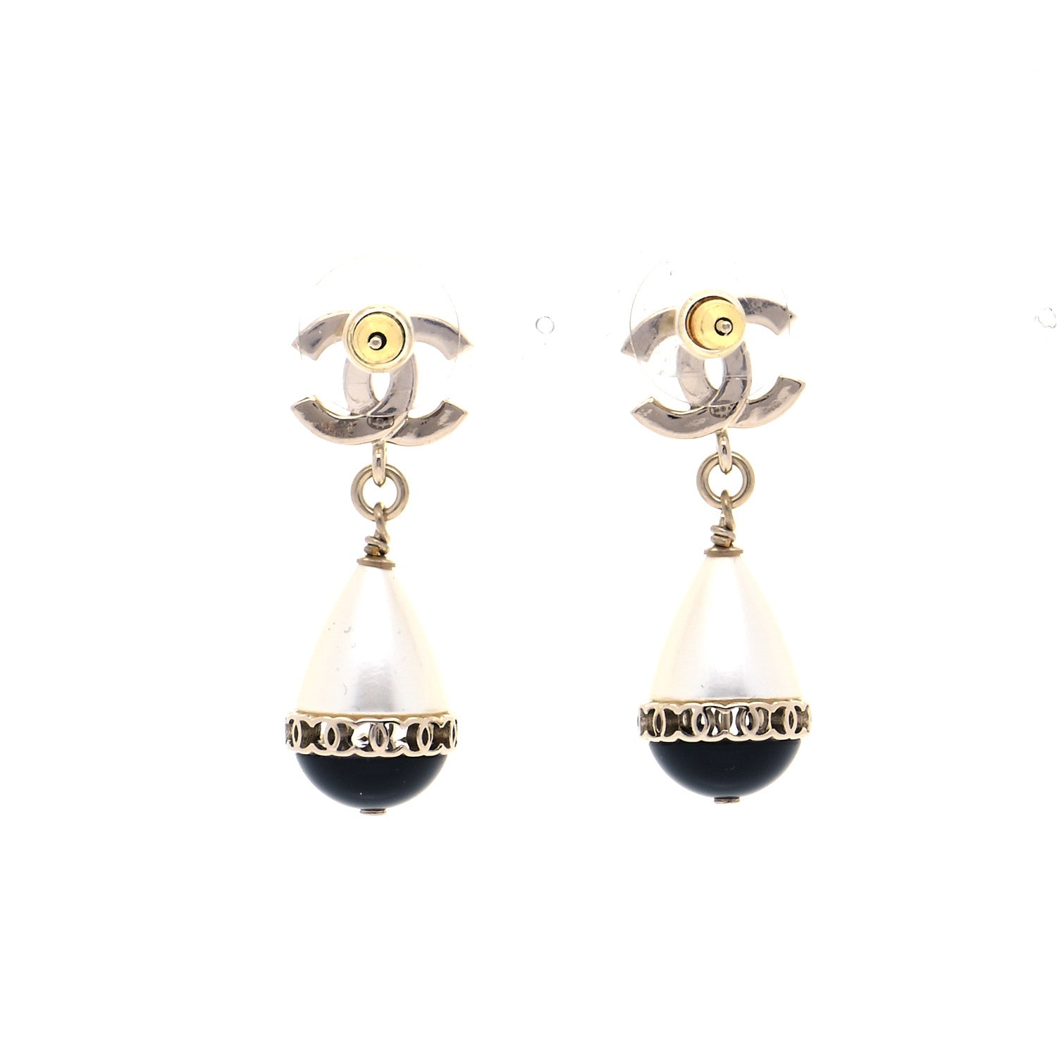 Chanel Crystal Pearl CC Fantasy Drop Earrings Gold Black 3 of 5