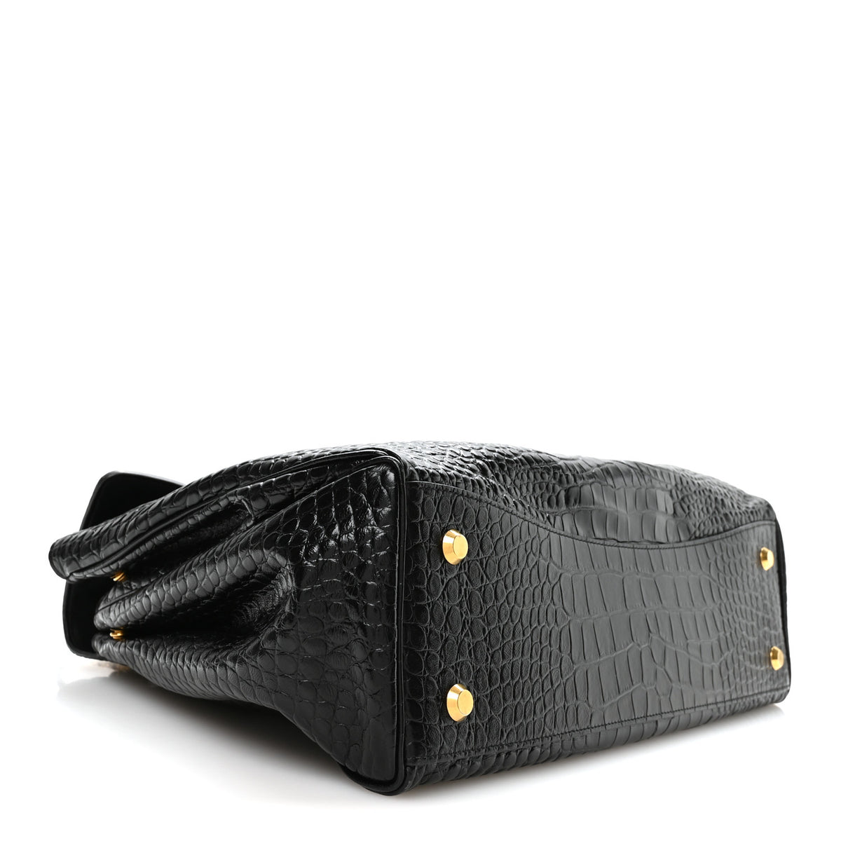 Shiny Calfskin Crocodile Embossed Large Rodeo Top Handle Handbag Black