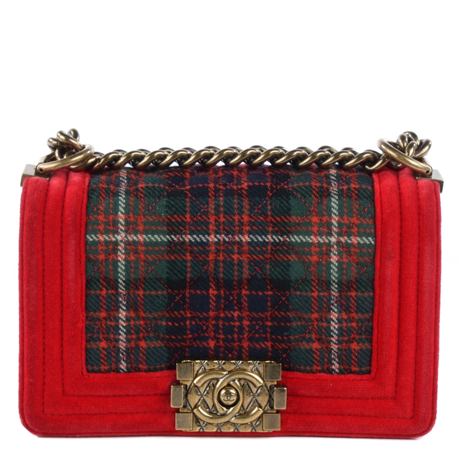 Chanel Velvet Plaid Tartan Small Boy Flap Red 1 of 11