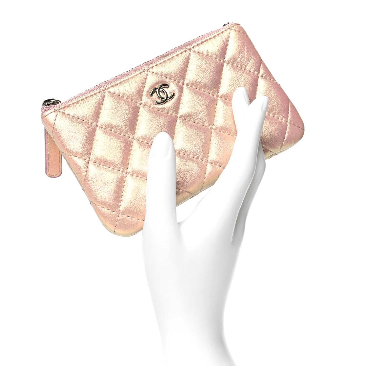 Iridescent Calfskin Quilted Small Cosmetic Case Pink