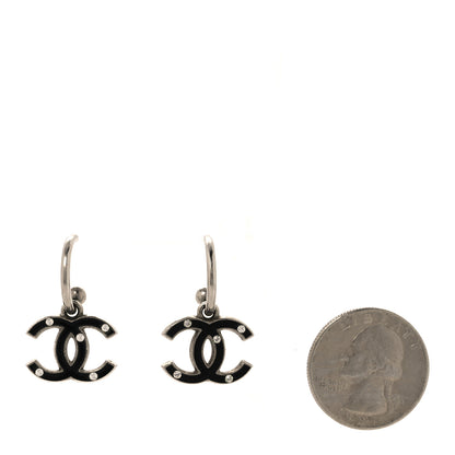 Chanel Enamel Crystal CC Hoop Earrings Silver Black 2 of 4