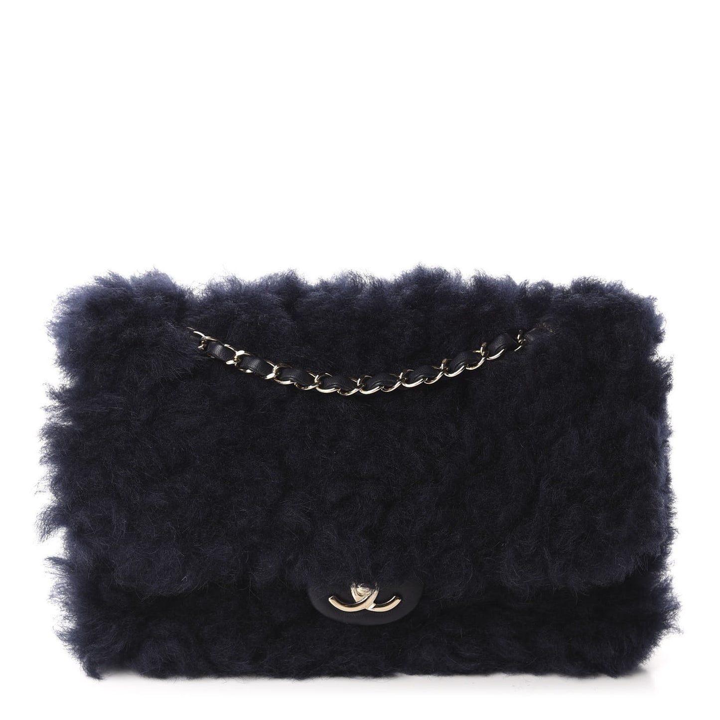 Shearling Lambskin Quilted Medium Single Flap Navy Blue