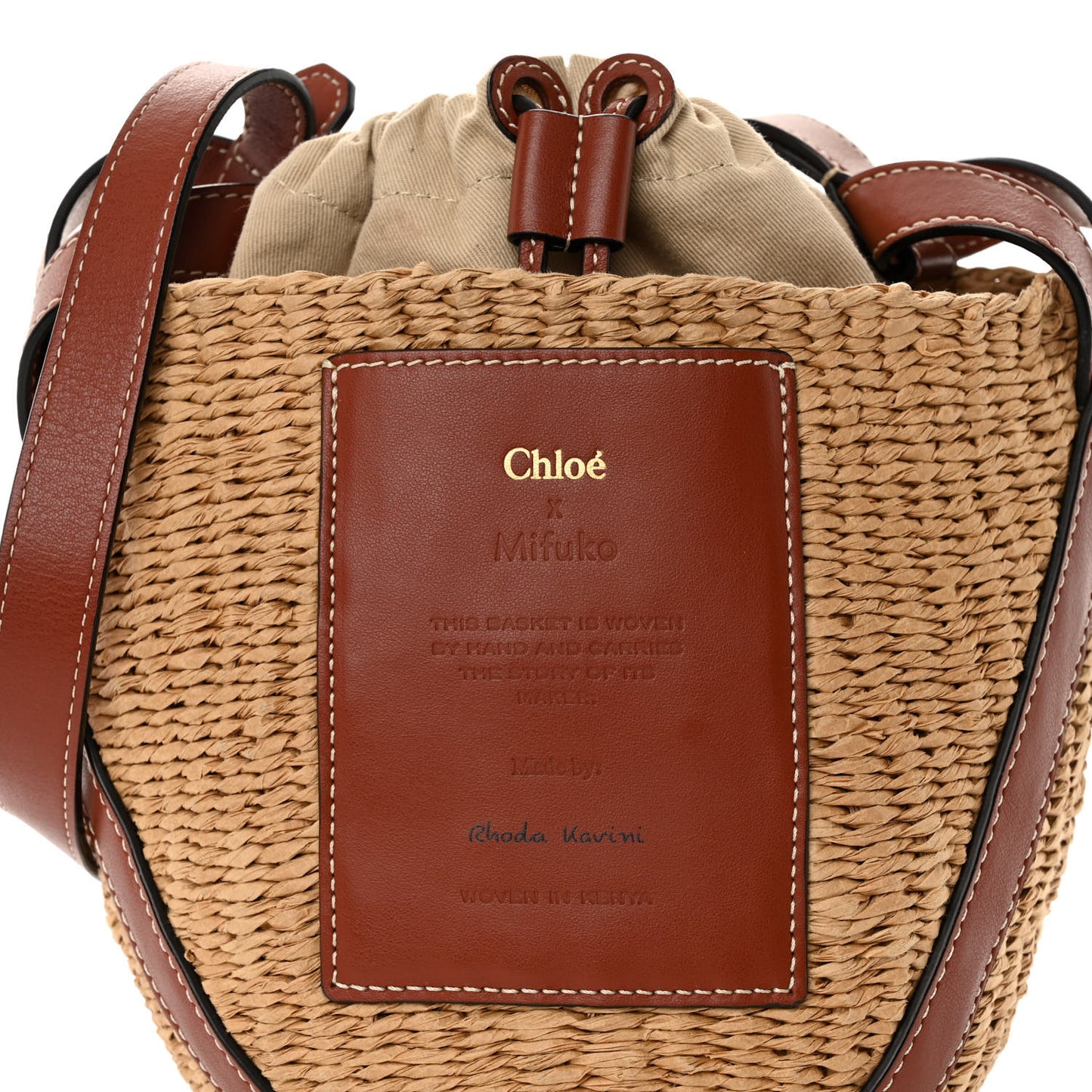 X MIFUKO Raffia Calfskin Basket Shoulder Bag Brown