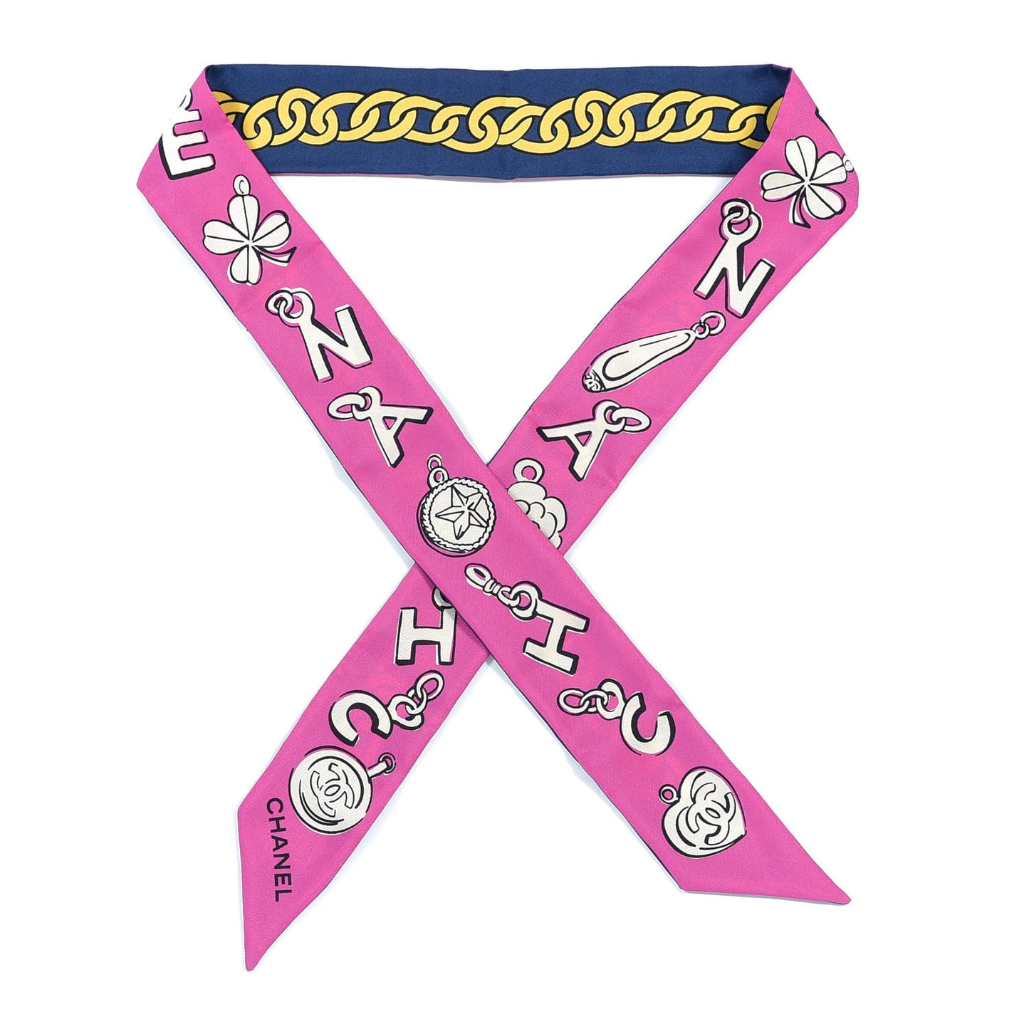Silk CC Chain Slim Bandeau Scarf Fuchsia