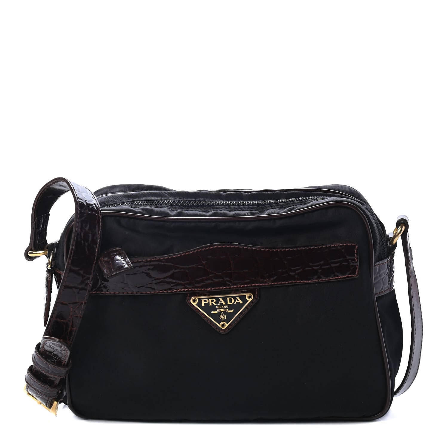 Prada Tessuto Nylon Crocodile Embossed Crossbody Black 1 of 5