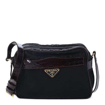 Prada Tessuto Nylon Crocodile Embossed Crossbody Black 1 of 5