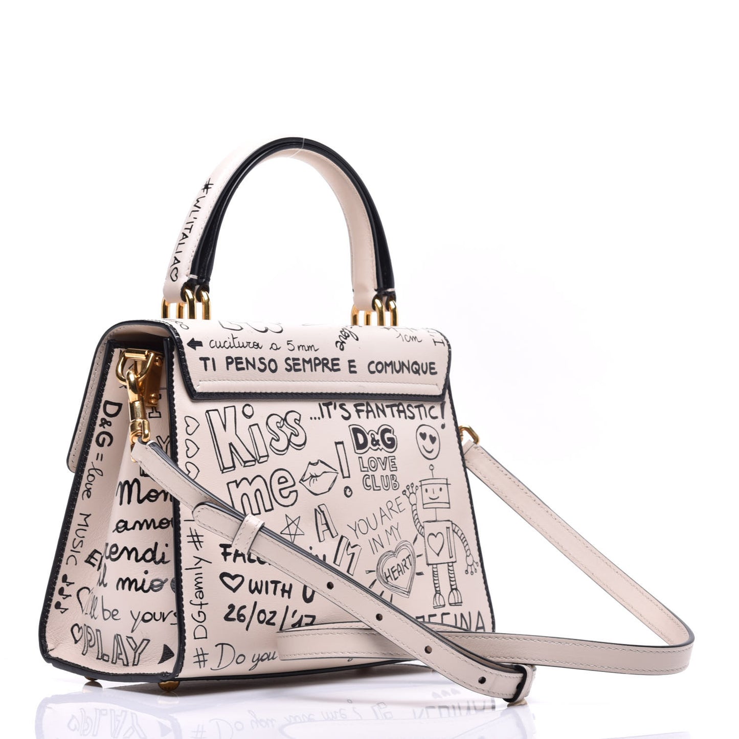 Calfskin Graffiti Printed Welcome Satchel White Black