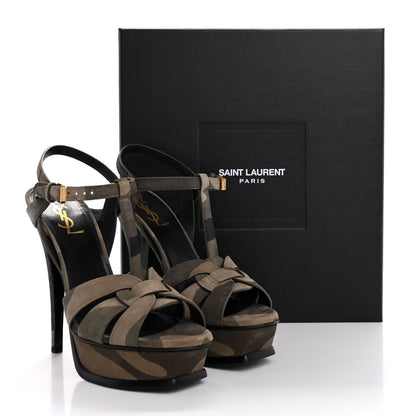 Saint Laurent Suede Camouflage Print Tribute 105 Platform Sandals 37 Green 10 of 10