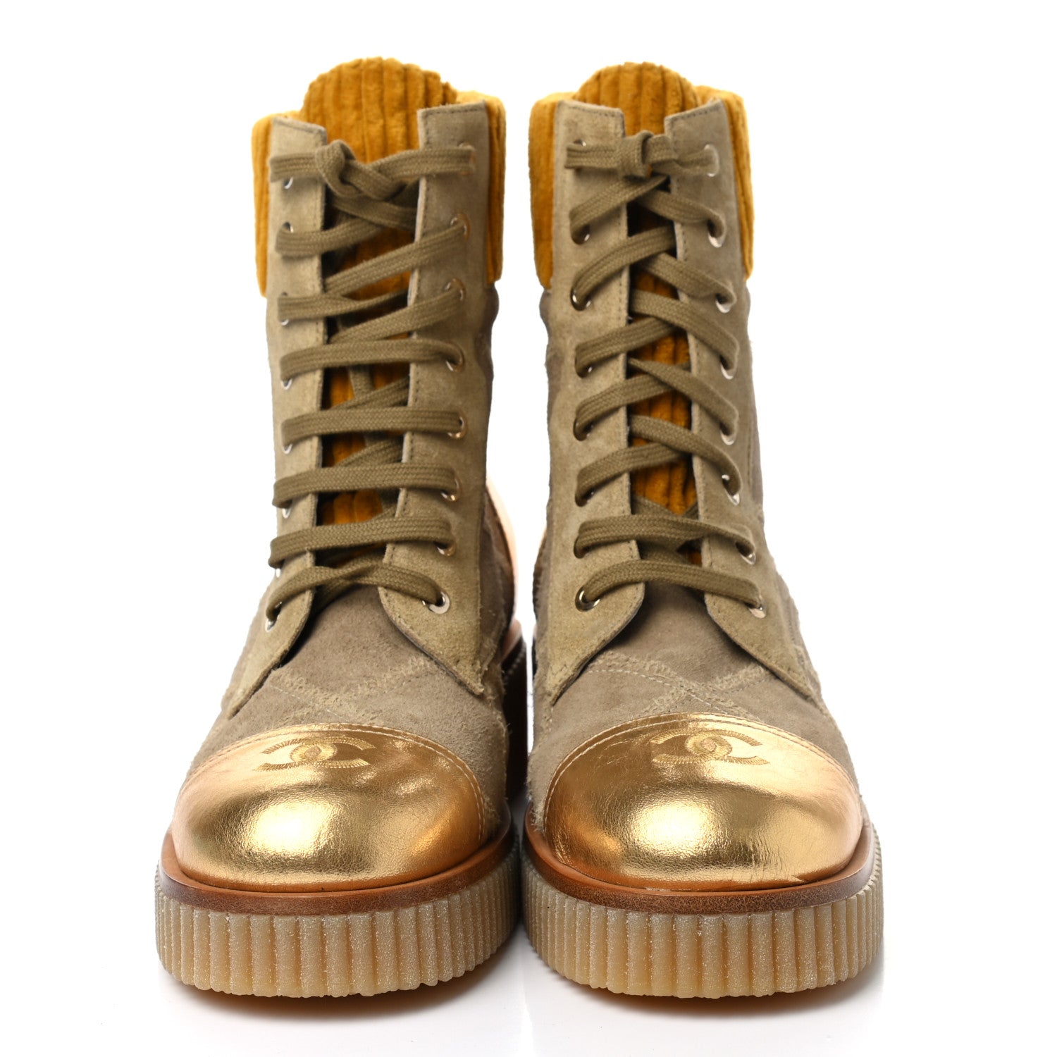 Chanel Suede Calfskin Velvet Quilted CC Combat Boots 39.5 Beige Yellow Gold 2 of 9
