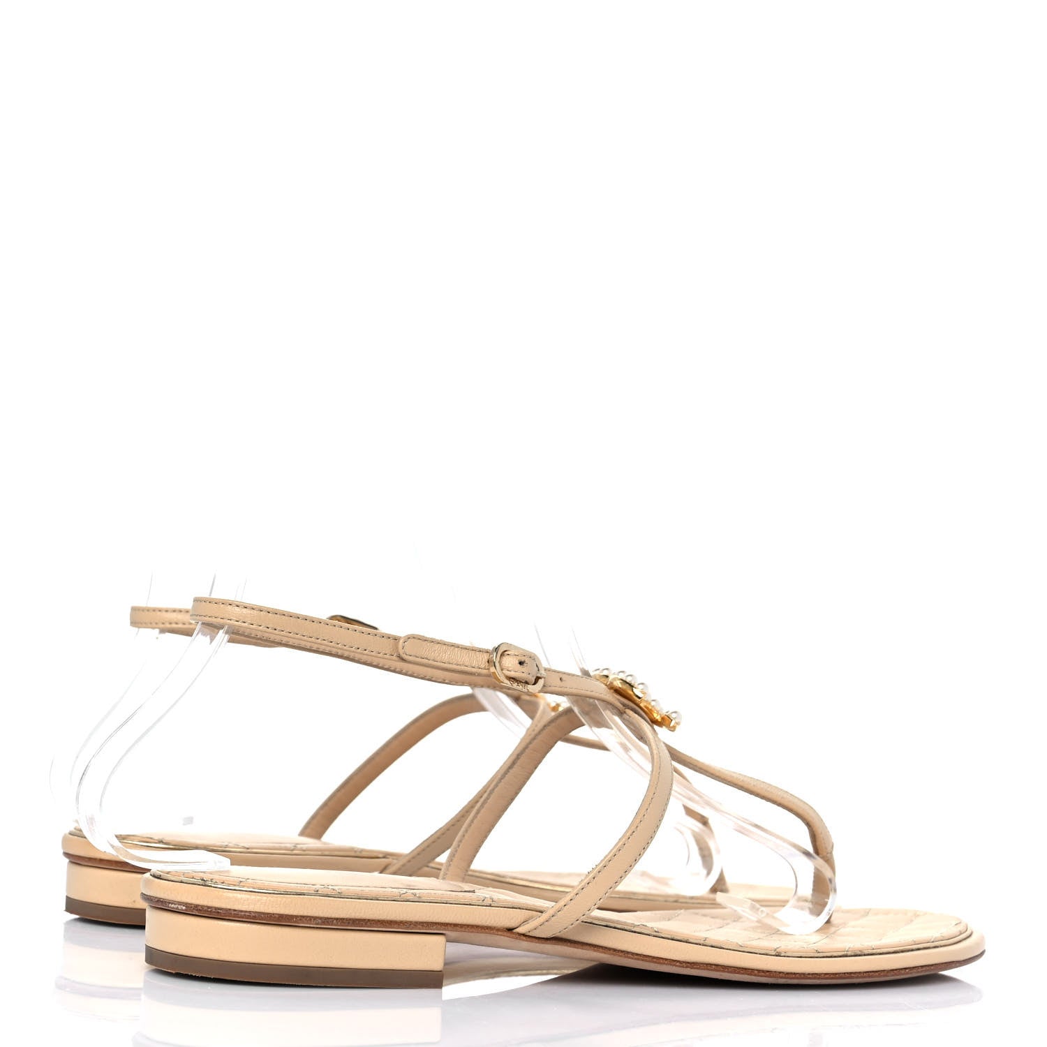 Chanel Lambskin Quilted Pearl CC Thong Sandals 38 Beige 4 of 8