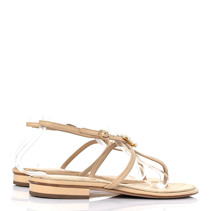 Chanel Lambskin Quilted Pearl CC Thong Sandals 38 Beige 4 of 8