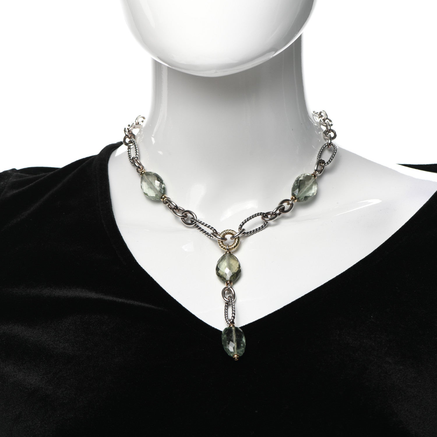 David Yurman Sterling Silver 18K Yellow Gold Prasiolite Lariat Necklace 2 of 6