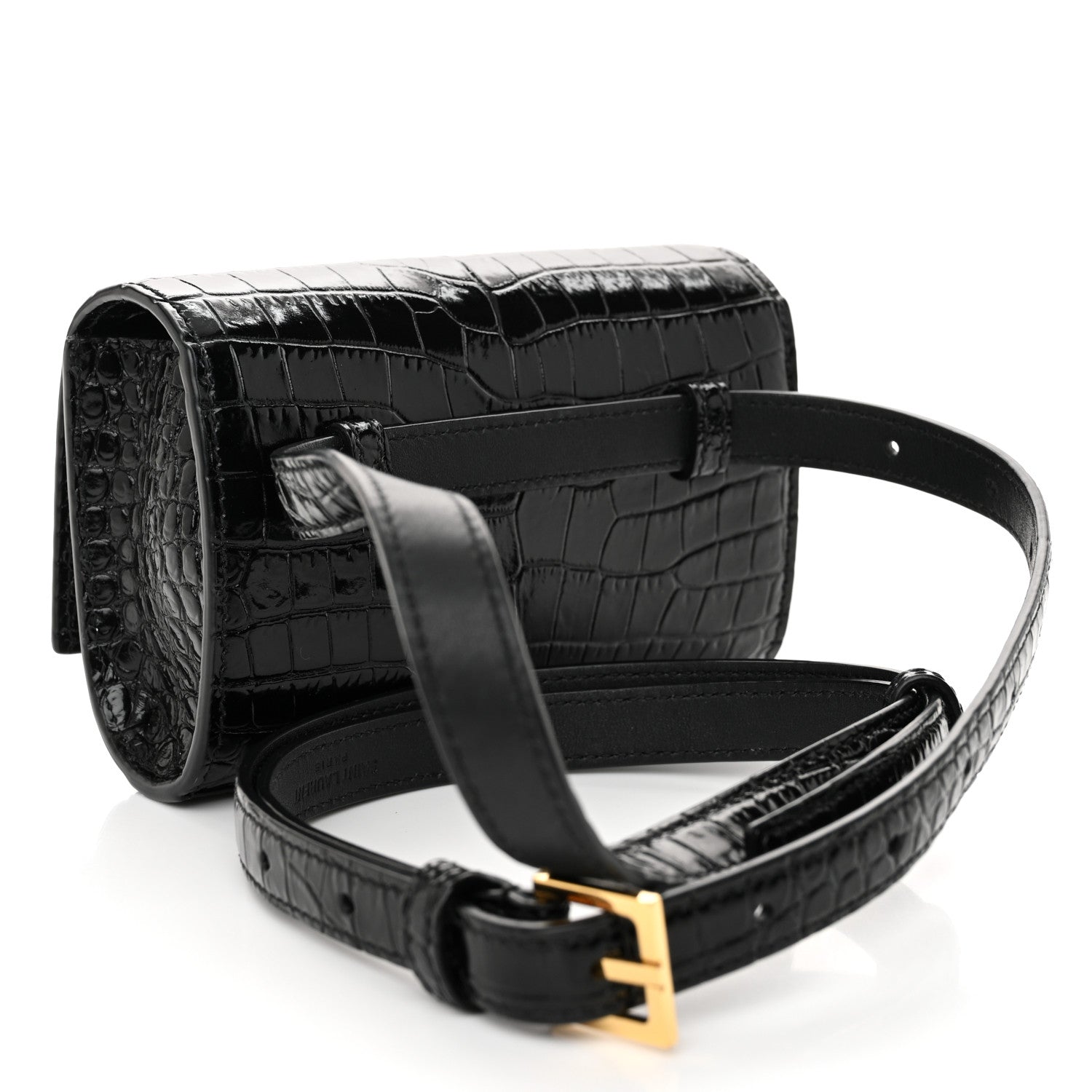 Saint Laurent Calfskin Crocodile Embossed Monogram Kate Belt Bag Black 3 of 9