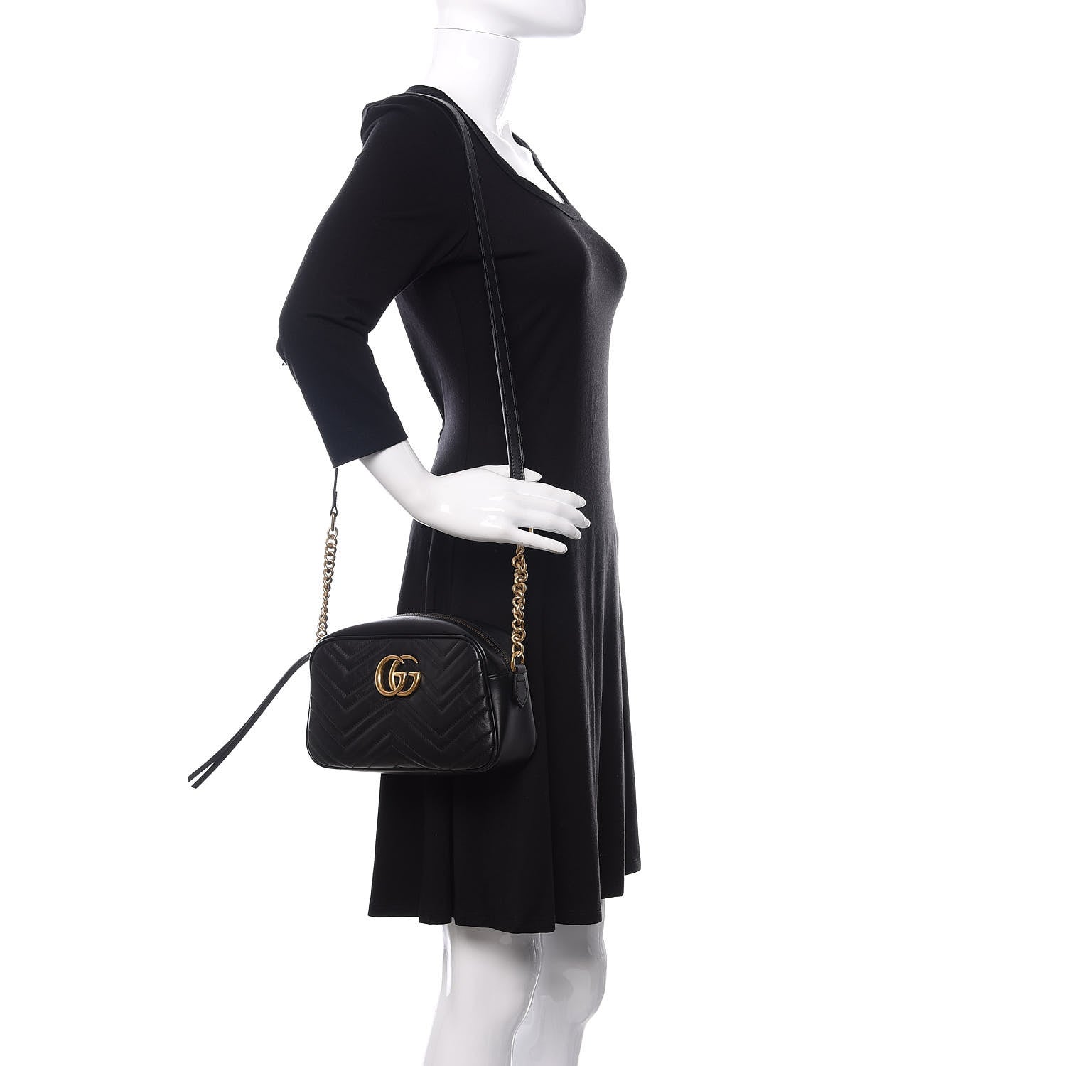 Gucci Calfskin Matelasse Small GG Marmont Chain Shoulder Bag Black 2 of 13