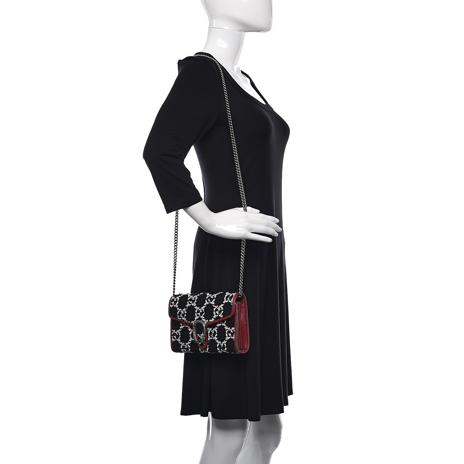 Gucci Tweed GG Monogram Mini Dionysus Chain Wallet Black White Romantic Cherry 2 of 9